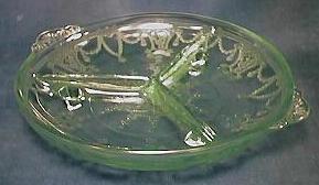 Green Depression Glass 'Cameo' 3 Part Footed Relish Dish